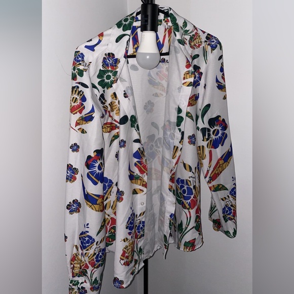 WHITE FASHION LUXURY TMMG HAITI FLAG HIBISCUS CHOUBLAK DRESS SHIRT - Picture 5 of 5